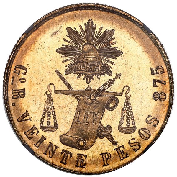 Guanajuato, Mexico, gold 20 pesos, 1896R, NGC MS 64.