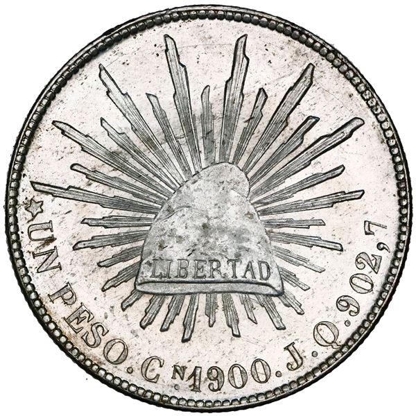 Culiacan, Mexico, cap-and-rays 1 peso, 1900JQ, NGC MS 65 ("top pop").
