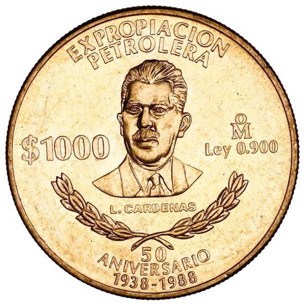 Mexico City, Mexico, gold 1000 pesos, 1988, 50th anniversary of the nationalization of the petroleum