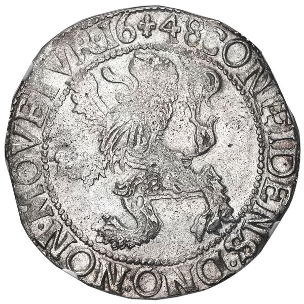 Gelderland, United Netherlands, "lion" daalder, 1648, knight left, NGC AU 50 (special label).