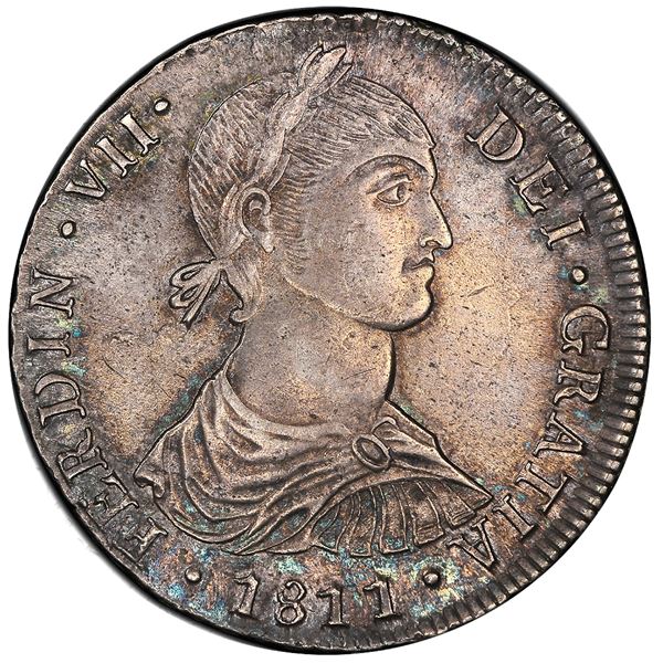 Lima, Peru, bust 8 reales, Ferdinand VII transitional ("imaginary" bust), 1811JP, short ribbons, PCG