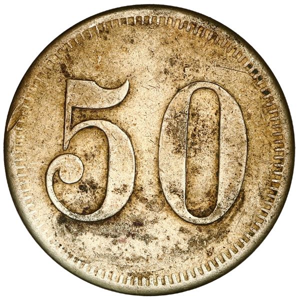 San German Municipio, Puerto Rico, brass 50 almudes token, Hacienda Filial Amor (ca. 1880), very rar