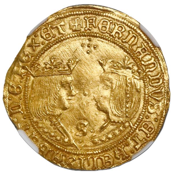 Seville, Spain, gold double excelente, Ferdinand-Isabel, cross of five dots at top and mintmark S wi