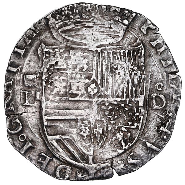 Segovia, Spain, cob 2 reales, Philip II, mintmark aqueduct over denomination II to left, assayer oD 