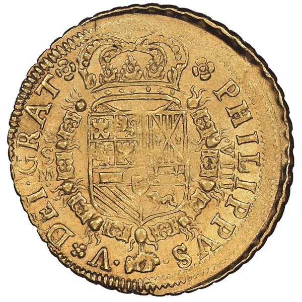 Seville, Spain, gold milled 8 escudos, Philip V, 1701M, mintmark-assayer and denomination on obverse