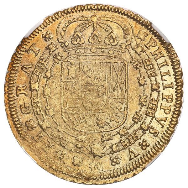 Seville, Spain, gold milled 8 escudos, Phillip V, 1712M, assayer at top right, mintmark at lower lef