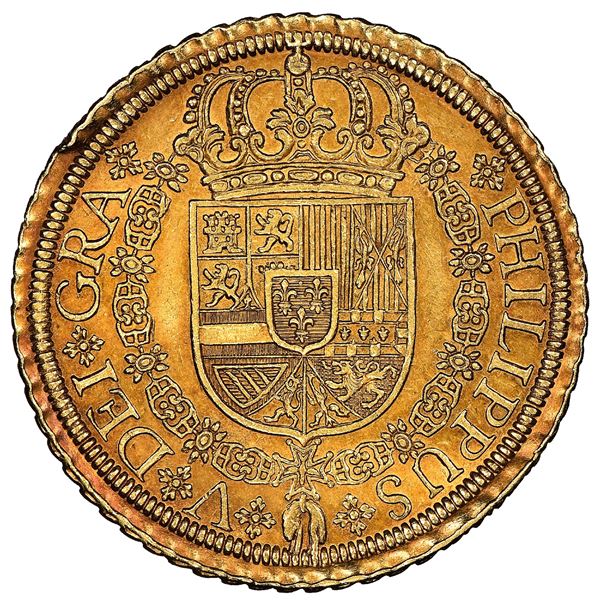 Segovia, Spain, gold milled 8 escudos, Philip V, 1721/19F, rare, NGC AU 58+, finest known in NGC cen