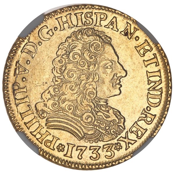 Seville, Spain, gold bust 2 escudos, Philip V, 1733/2PA, unique overdate, NGC AU 55, finest and only