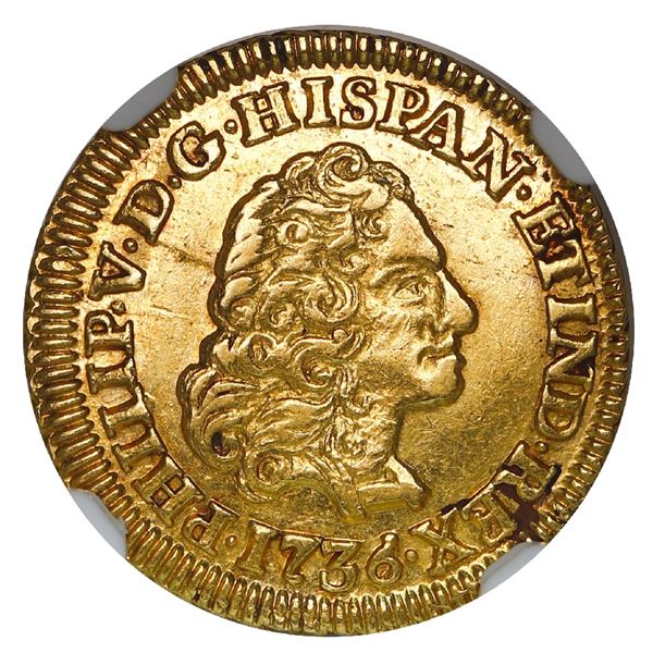Madrid, Spain, gold bust 1 escudo, Philip V, 1736JF, NGC AU 55, finest and only example in NGC censu