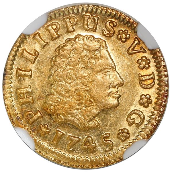 Seville, Spain, gold bust 1/2 escudo, Philip V, 1745/4PJ, NGC MS 62, finest known in NGC census.