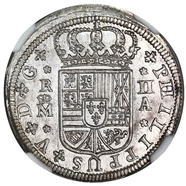 Madrid, Spain, milled 2 reales "pistareen," Philip V, 1723A, NGC MS 65, finest known in NGC census.