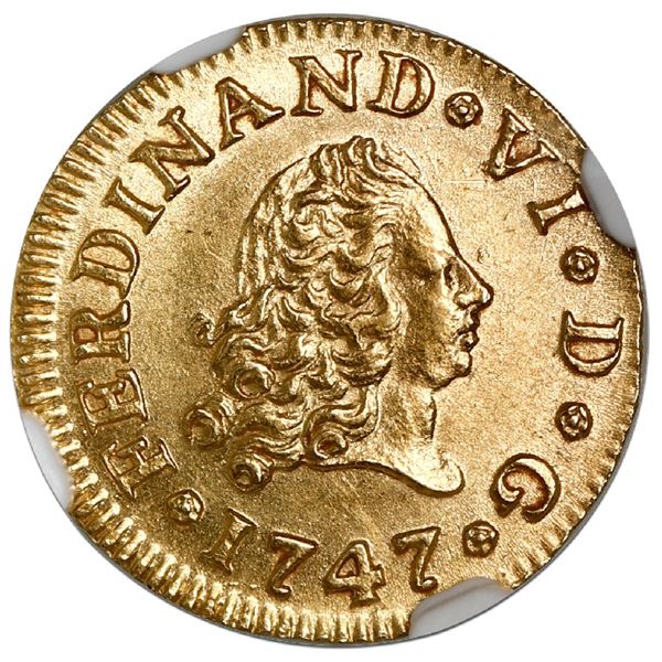 Madrid, Spain, gold bust 1/2 escudo, Ferdinand VI, 1747JB, NGC MS 63.