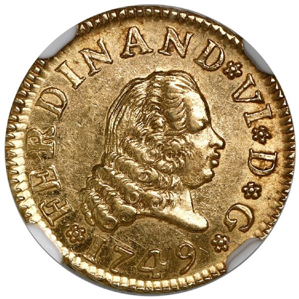 Madrid, Spain, gold bust 1/2 escudo, Ferdinand VI, 1749JB, NGC MS 63 ("top pop").