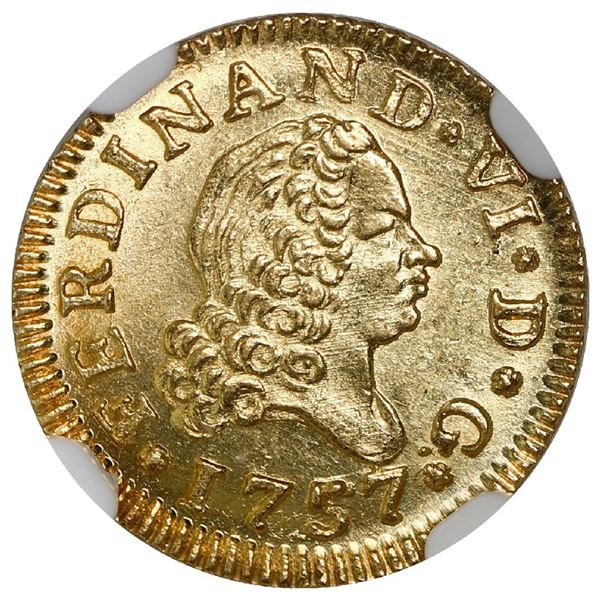 Madrid, Spain, gold bust 1/2 escudo, Ferdinand VI, 1757JB, NGC MS 65.