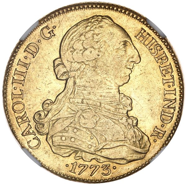 Seville, Spain, gold bust 8 escudos, Charles III, 1773CF, no dot between C and F, NGC AU 53.