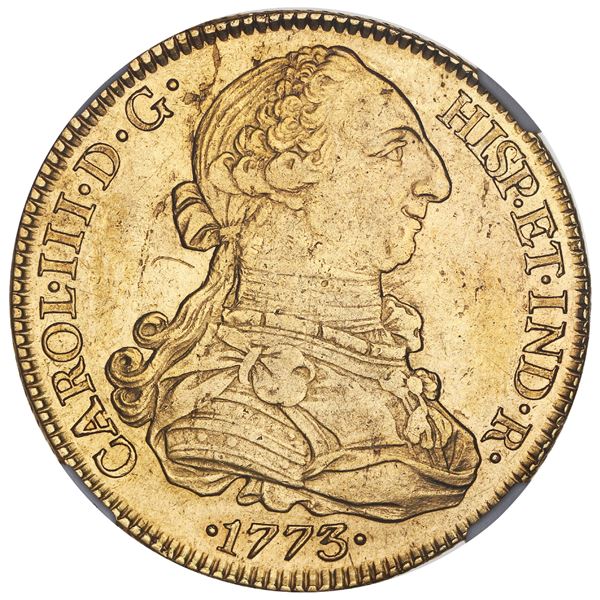 Seville, Spain, gold bust 8 escudos, Charles III, 1773CF, with dot between C and F, NGC AU details /