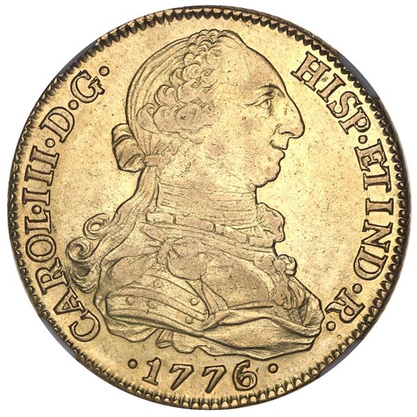 Seville, Spain, gold bust 8 escudos, Charles III, 1776/5CF, NGC AU 53.