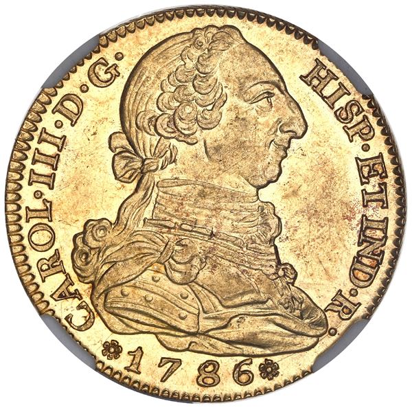 Madrid, Spain, gold bust 4 escudos, Charles III, 1786DV, NGC MS 62+.