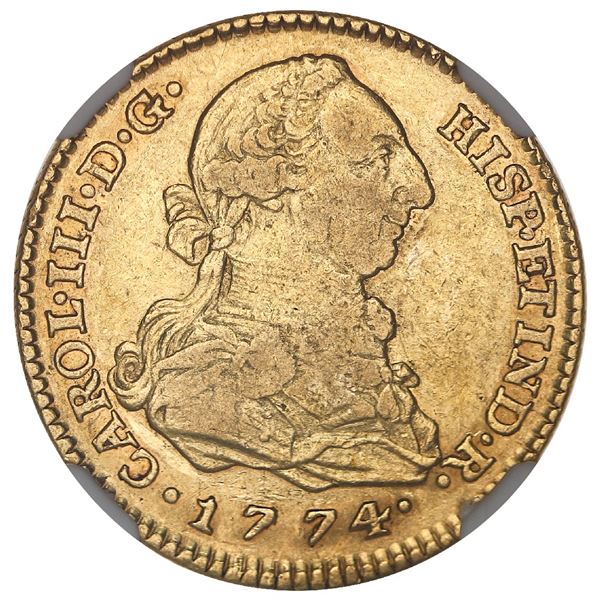 Madrid, Spain, gold bust 2 escudos, Charles III, 1774PJ, NGC VF 35.