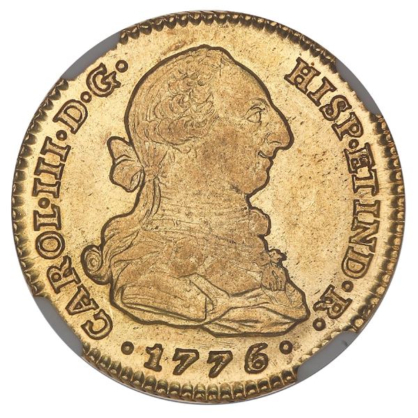 Seville, Spain, gold bust 2 escudos, Charles III, 1776/5CF, NGC MS 62+, finest known in NGC census.