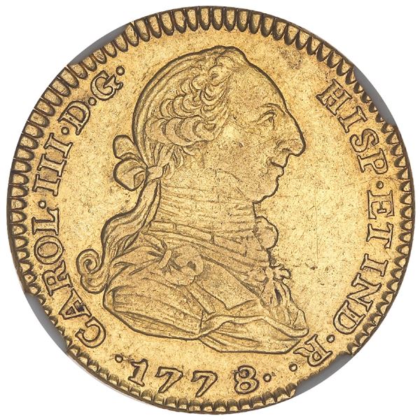 Madrid, Spain, gold bust 2 escudos, Charles III, 1778/7PJ, NGC XF 45, ex-Iriarte (stated on label), 