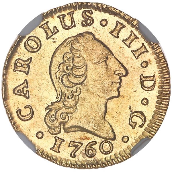Madrid, Spain, gold bust 1/2 escudo, Charles III (young bust), 1760JP, plain crown, NGC MS 65 ("top 
