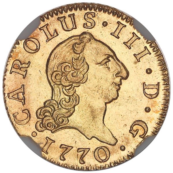Madrid, Spain, gold bust 1/2 escudo, Charles III (young bust), 1770PJ, NGC MS 64 ("top pop").