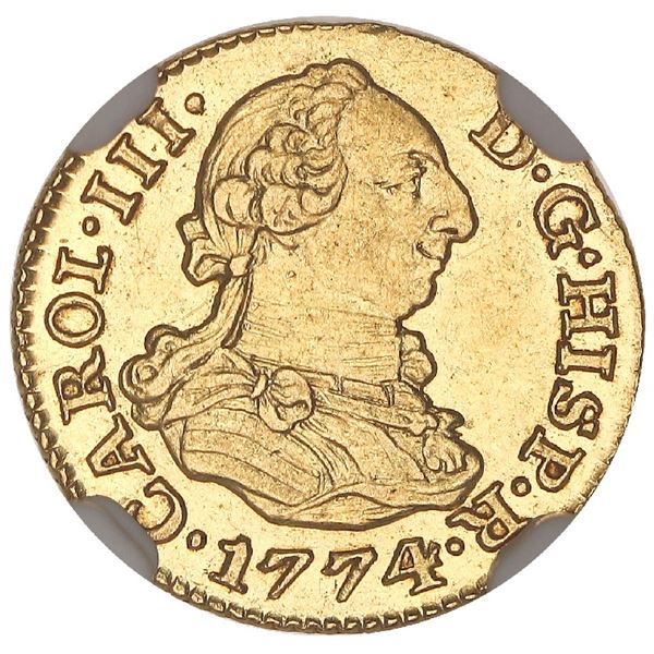 Madrid, Spain, gold bust 1/2 escudo, Charles III, 1774PJ, NGC MS 63.