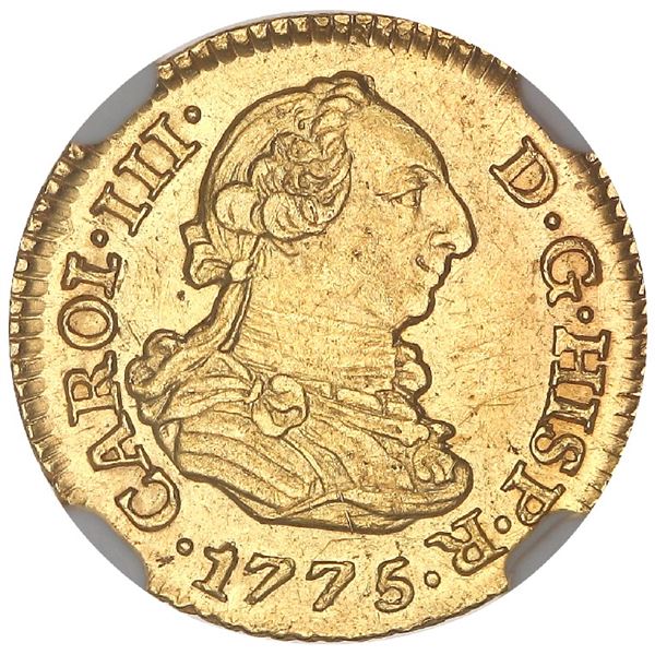 Madrid, Spain, gold bust 1/2 escudo, Charles III, 1775PJ, NGC MS 63, finest known in NGC census.