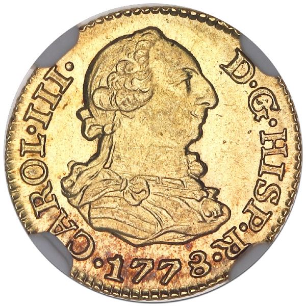 Madrid, Spain, gold bust 1/2 escudo, Charles III, 1778PJ, NGC MS 64.