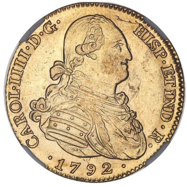 Madrid, Spain, gold bust 4 escudos, Charles IV, 1792MF, NGC MS 62.