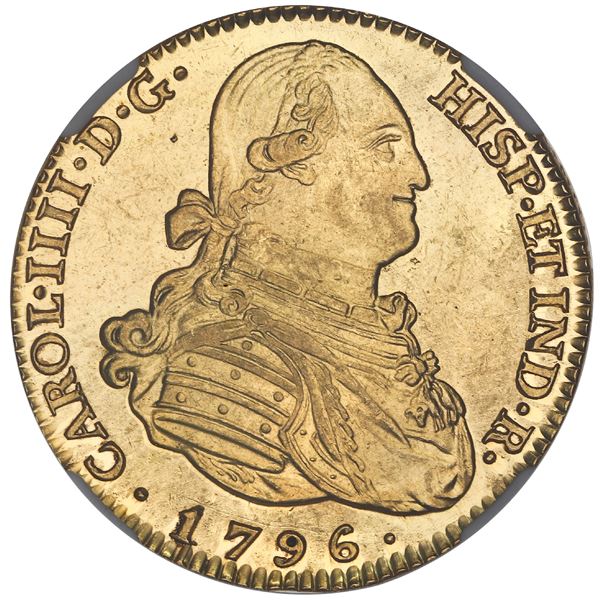 Madrid, Spain, gold bust 4 escudos, Charles IV, 1796MF, NGC MS 63 PL, finest known in NGC census.