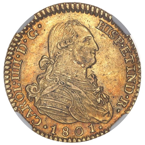 Madrid, Spain, gold bust 2 escudos, Charles IV, 1801FA, NGC MS 61.