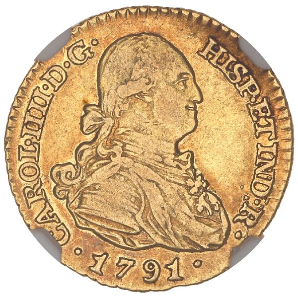 Madrid, Spain, gold bust 1 escudo, Charles IV, 1791MF, NGC XF 45.