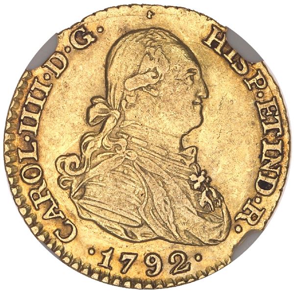 Madrid, Spain, gold bust 1 escudo, Charles IV, 1792MF, NGC AU 53.