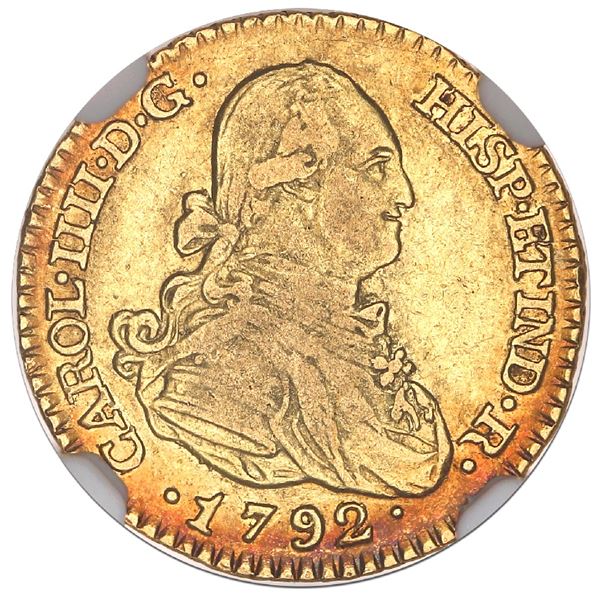 Madrid, Spain, gold bust 1 escudo, Charles IV, 1792MF, NGC XF 40.