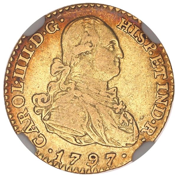 Madrid, Spain, gold bust 1 escudo, Charles IV, 1797MF, NGC VF 35.