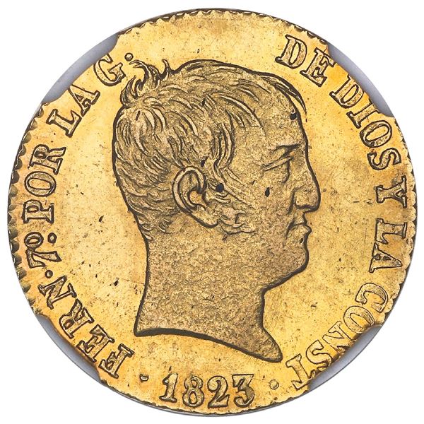 Barcelona, Spain, gold 80 reales de vellon, Ferdinand VII, 1823SP, NGC MS 63 ("top pop").