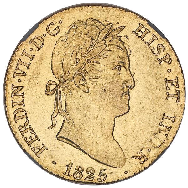 Madrid, Spain, gold bust 2 escudos, Ferdinand VII, 1825AJ, NGC AU 58.