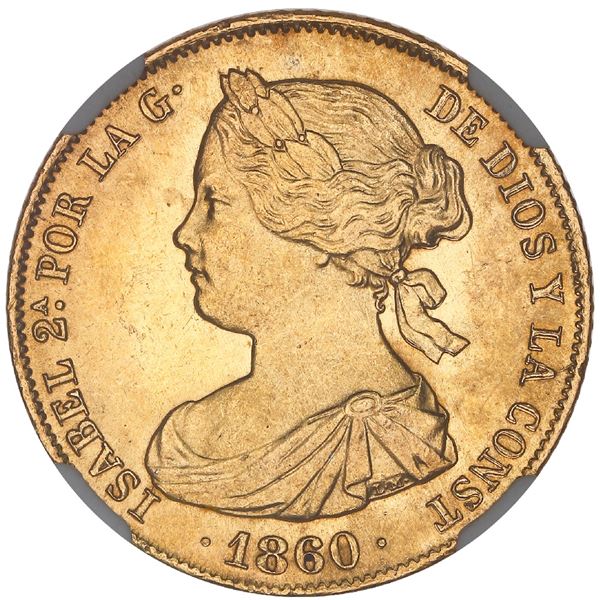 Madrid, Spain, gold 100 reales, Isabel II, 1860, NGC MS 64+.