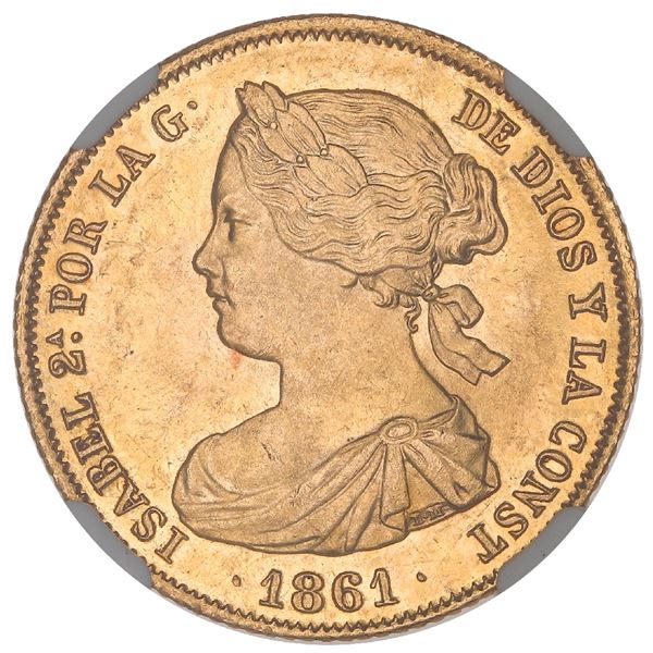 Madrid, Spain, gold 100 reales, Isabel II, 1861, NGC MS 64+.