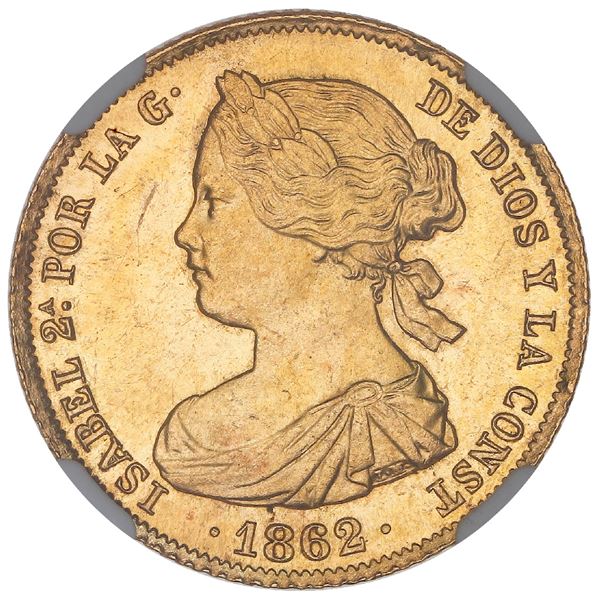 Madrid, Spain, gold 100 reales, Isabel II, 1862, NGC MS 64.