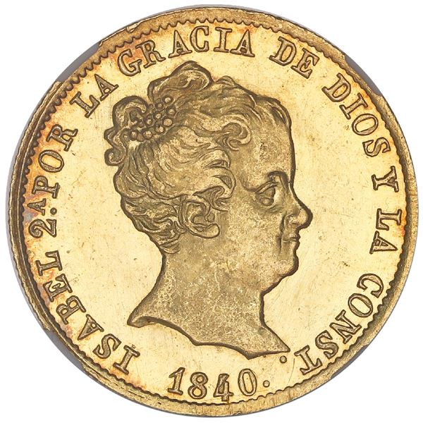 Barcelona, Spain, gold 80 reales de vellon, Isabel II, 1840PS, NGC MS 65*, finest known in NGC censu