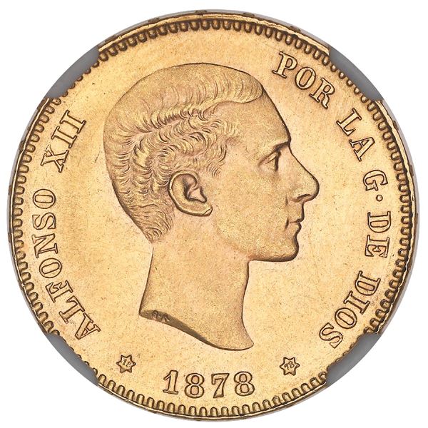 Madrid, Spain, gold 25 pesetas, Alfonso XII, 1878DE-M, with 18-78 inside stars, NGC MS 64.