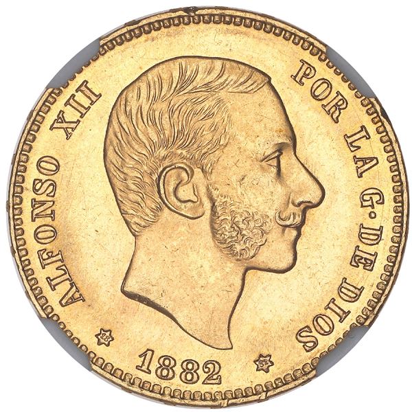 Madrid, Spain, gold 25 pesetas, Alfonso XII, 1882MS-M, with 18-82 inside stars, NGC MS 64+.