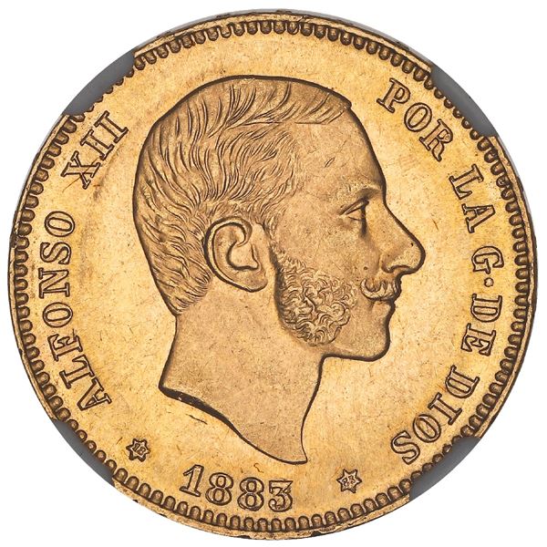 Madrid, Spain, gold 25 pesetas, Alfonso XII, 1883/2MS-M, with 18-83 inside stars, rare, NGC MS 64.