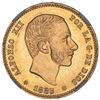 Image 1 : Madrid, Spain, gold 25 pesetas, Alfonso XII, 1883/2MS-M, with 18-83 inside stars, rare, NGC MS 64.