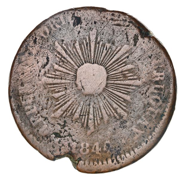 Montevideo, Uruguay, bronze 40 centesimos, 1844, female sunface, coin alignment, very rare.