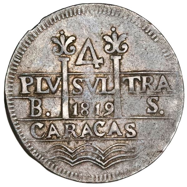 Caracas, Venezuela, 4 reales, Ferdinand VII, 1819BS, proper quadrants, very rare, NGC VF 35.