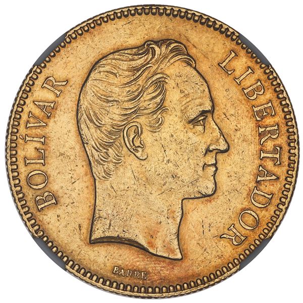 Venezuela, gold 100 bolivares, 1889, NGC AU 55.